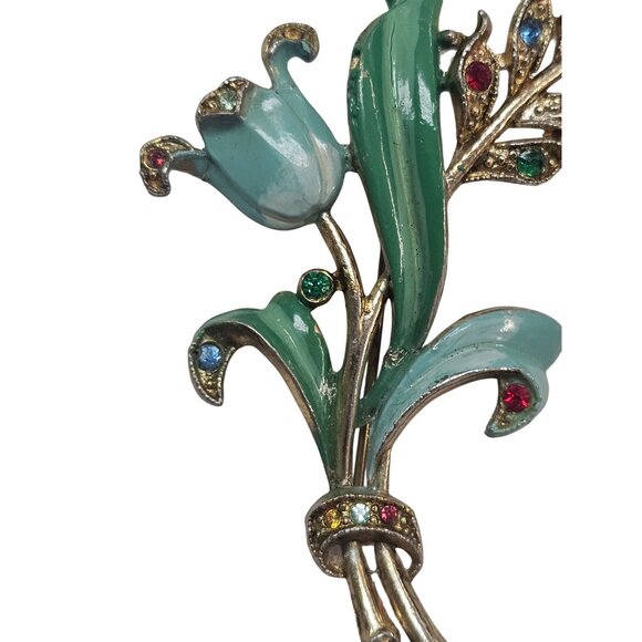 Vintage Enamel Tulip Brooch With Rhinestones Gold-Tone Floral Pin Green & Multic - Picture 7 of 16